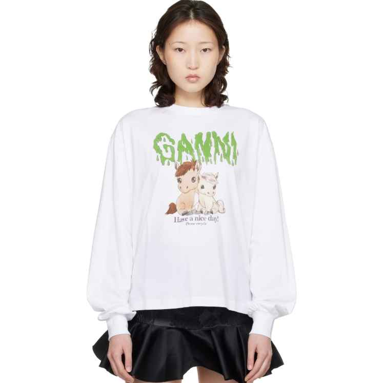GANNI 白色 Basic Cotton Jersey 长袖 T 恤