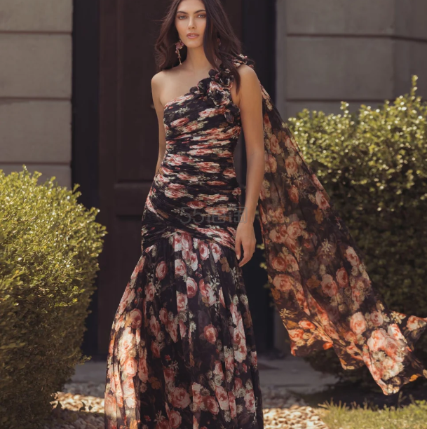 Mac Duggal 黑色单肩印花雪纺礼服