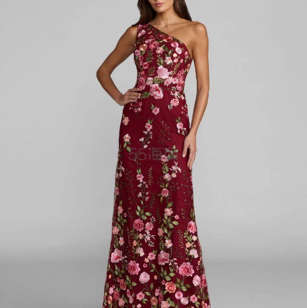 Mac Duggal 红色单肩花卉刺绣礼服