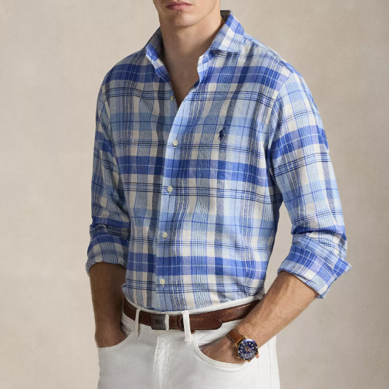 码数全！Polo Ralph Lauren 拉夫劳伦经典版型格子亚麻混纺衬衫
