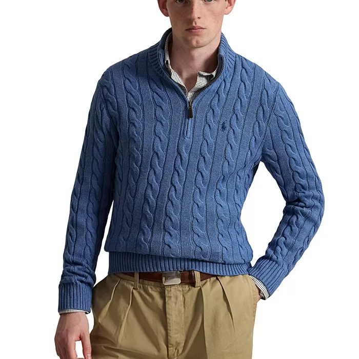 码全！Polo Ralph Lauren 拉夫劳伦半拉链针织绞花蓝色套头毛衣