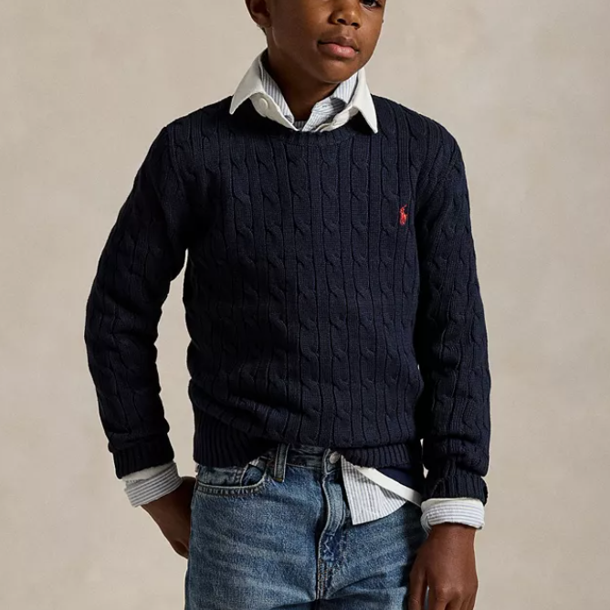 L码有货！Polo Ralph Lauren 拉夫劳伦大童款藏蓝色针织绞花毛衣