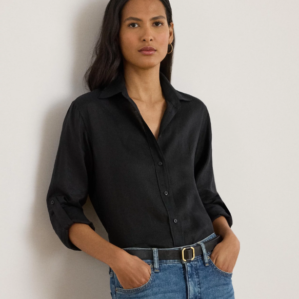 热卖！Lauren Ralph Lauren 拉夫劳伦卷袖亚麻长版罩衫