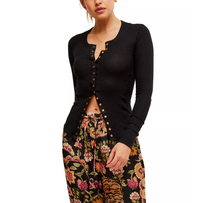 热卖！Free People 华夫格按扣修身开衫