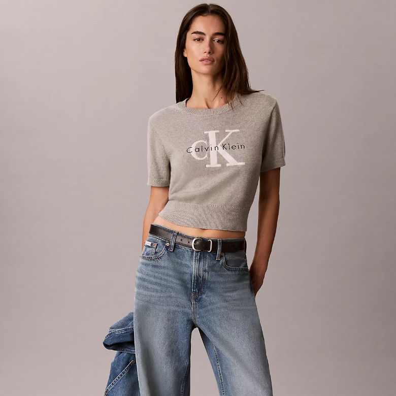 满$200享额外6折！Calvin Klein 字母徽标灰色短袖毛衫