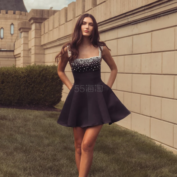 Mac Duggal 黑色珍珠点缀缎面迷你连衣裙