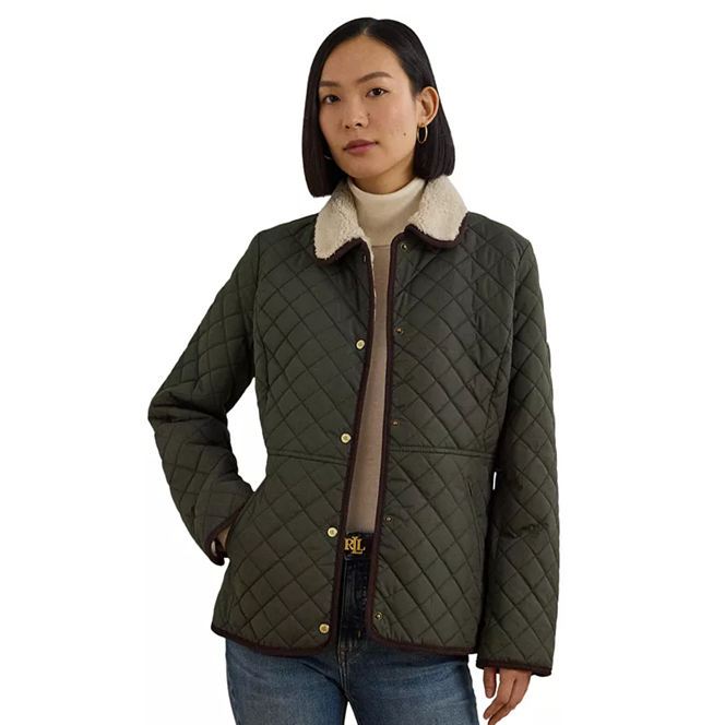 码全！Lauren Ralph Lauren 拉夫劳伦军绿色绗缝大衣