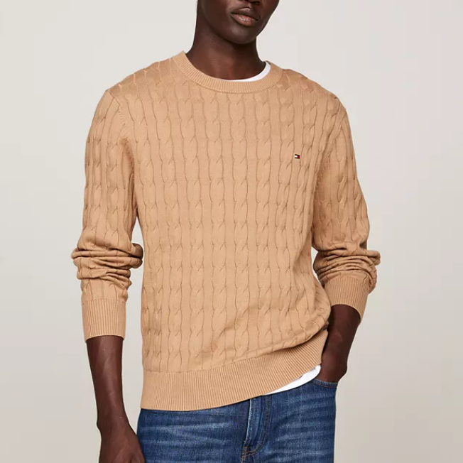 好价！Tommy Hilfiger 浅卡其色针织绞花圆领毛衣