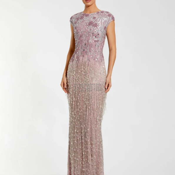 Mac Duggal 小巧复古淡紫色缀饰短袖流苏串珠礼服