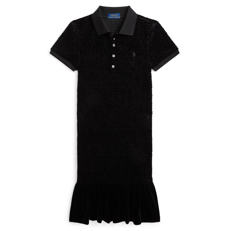 上新！Ralph Lauren 拉夫劳伦大女童7‑16 岁缩褶丝绒Polo连衣裙