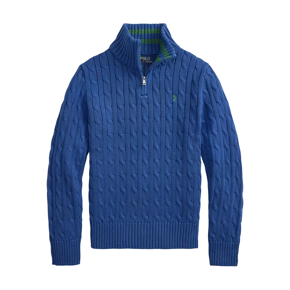 配色上新 码全！Polo Ralph Lauren 拉夫劳伦大童款针织绞花半拉链套头衫