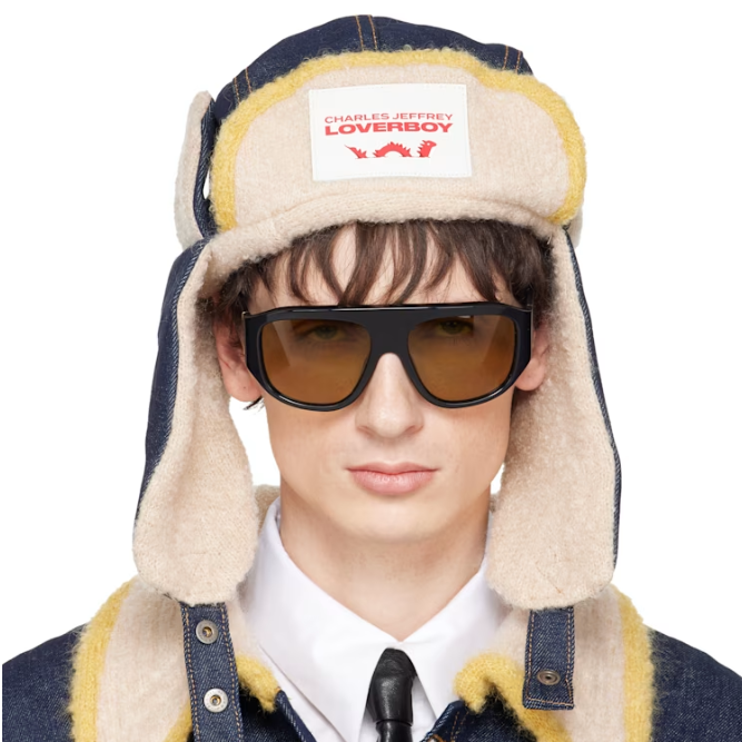 CHARLES JEFFREY LOVERBOY 海军蓝 & 驼色 Knit Patch 飞行员帽